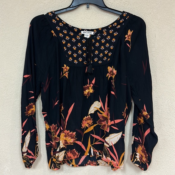 Billabong Ella Bella Black & Orange Floral Fall Peasant Top Small - Picture 2 of 6